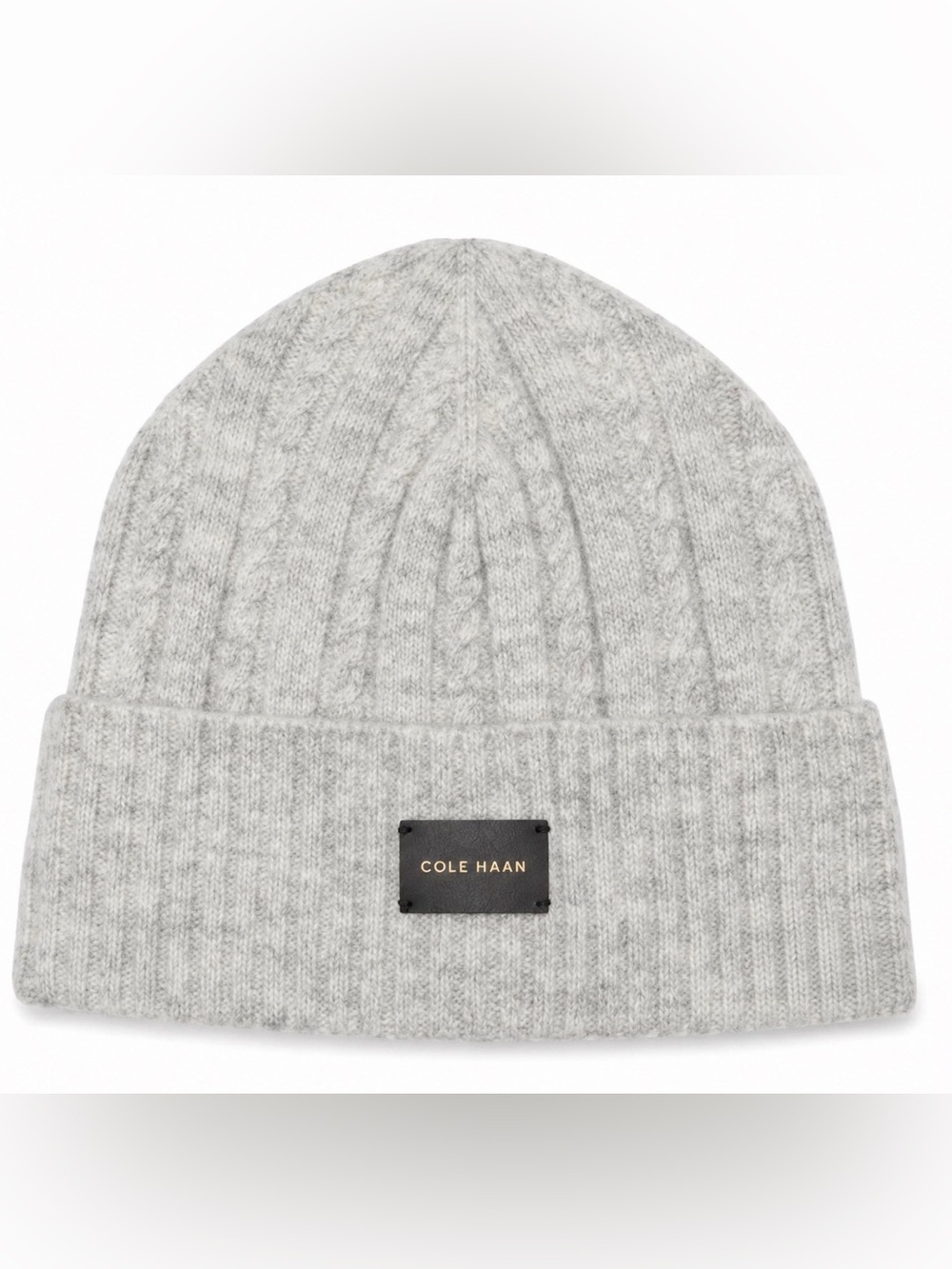 Cole Haan Cable Knit Beanie Soft Grey Cuffed Hat Leather Logo Patch NWT